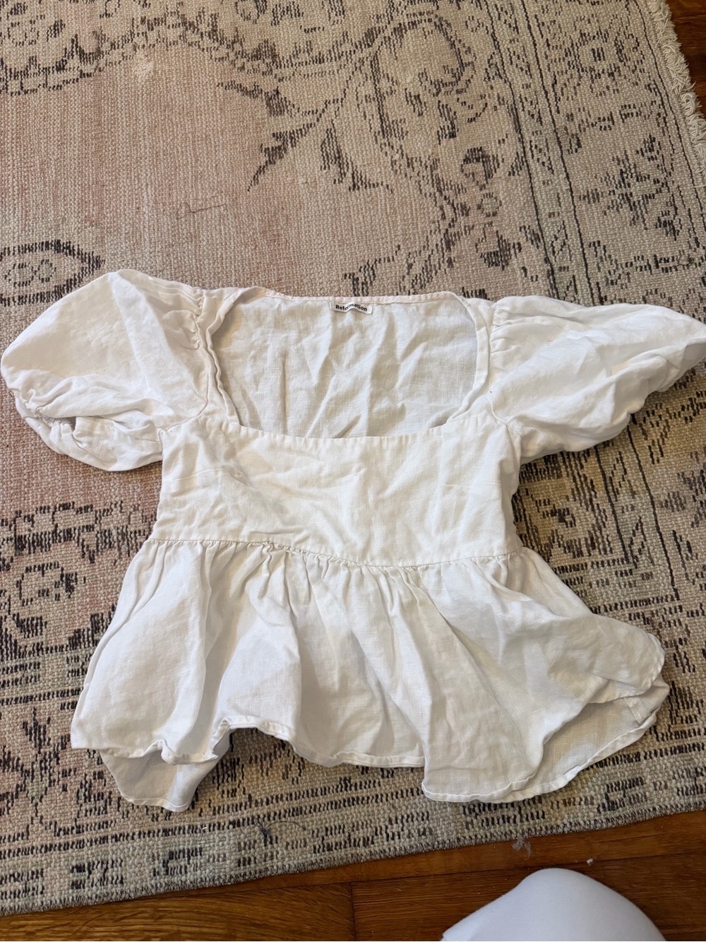 Reformation White Square-Neck Peplum Puff-Sleeve Top